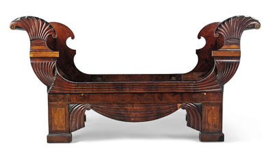A SPANISH EMPIRE MAHOGANY, EBONISED AND MARQUETRY BED, FIRST HALF 19TH CENTURY