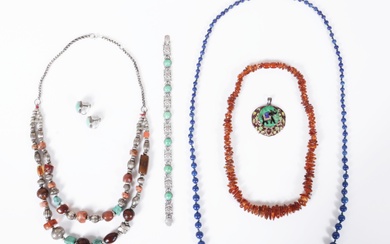 6pc jewelry group: Natural amber necklace, Czech faux lapis lazuli glass beaded necklace, 8"L x 1/2"W (bracelet)