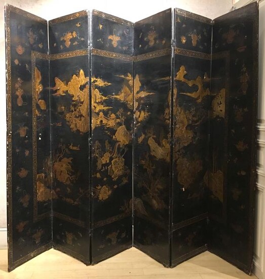 Chinese Export Black Lacquer and Parcel-Gilt Six-Panel Screen