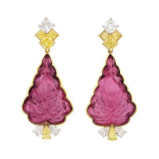 Pair of Gold, Platinum, Carved Rubellite, Yellow Diamond and Diamond Pendant-Earclips