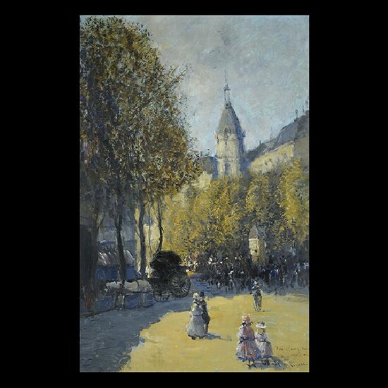 French School "Walking in the Park" oil on masonite