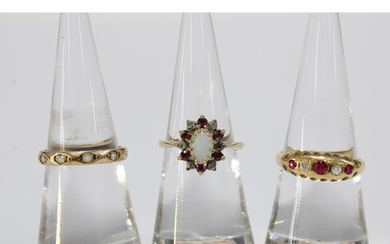 9ct gold opal, ruby and diamond cluster ring, a 9ct gold & d...