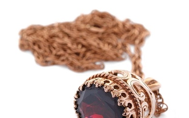 9ct rose gold fob, set oval-cut garnet, on fine 9ct chain (c...