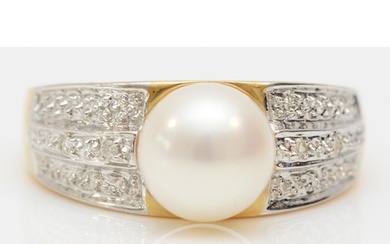 A 14ct gold and 8mm cultured pearl dress ring, the shoulders...