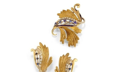 A 18K yellow gold, diamond and sapphire demi-parure, brooch and earrings