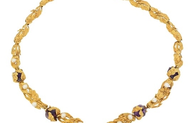 A 1960s 18ct gold amethyst and cultured pearl necklace by Grossé