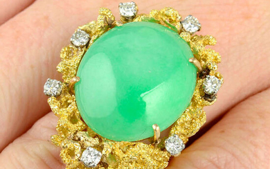 A 1970s 18ct gold 'A-type' jade and diamond textured cocktail ring, by Charles de Temple.
