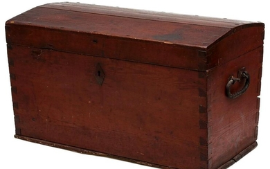 A 19TH C. AMERICAN DOME TOP STORAGE CHEST OLD RED STAIN