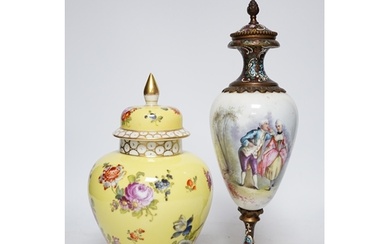 A 19th century French ormolu, enamel and porcelain urn and c...
