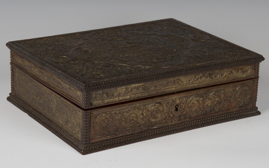 A 19th century hardwood and embossed leather box, in the manner of César Bagard, the lid and si