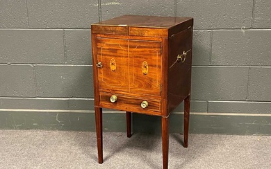 A 19th century mahogany washstand inlaid with satinwood stringing, twin hinged top cupboard door and
