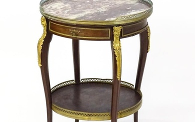 A 19thC rosewood and marble topped side table surmounted by a pierced surround and having a single