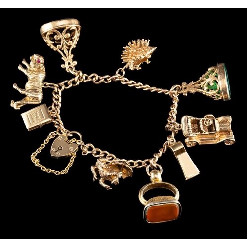 A 9 carat gold charm bracelet,: the curb link chain suspendi...