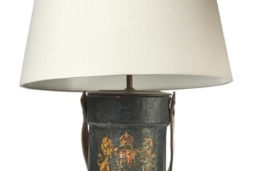 A BRITISH MILITARY ARTILLERY SHELL CARRYING CASE CONVERTED TO A TABLE LAMP