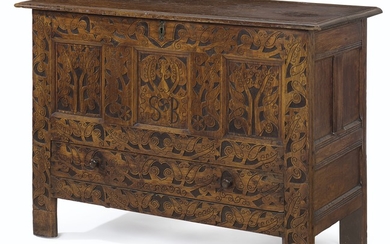 A CARVED OAK “HADLEY” CHEST WITH DRAWER, POSSIBLY HATFIELD AREA, MASSACHUSETTS, 1700-1725