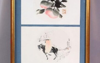 A CHINESE FRAMED PAINTED TRIO, depicting fruit, figure