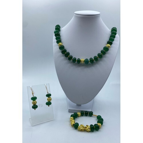 A Chinese Dark Green Jade Necklace, Bracelet and Earrings Se...