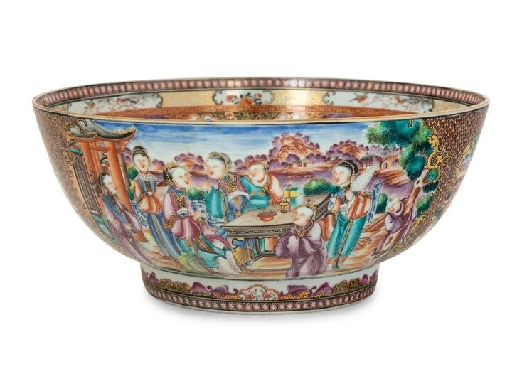 A Chinese Export Mandarin Palette Porcelain Punch Bowl