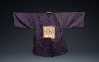 A Chinese dark blue silk overcoat with gold thread embroidered 'rank badges' with wild geese, 19th