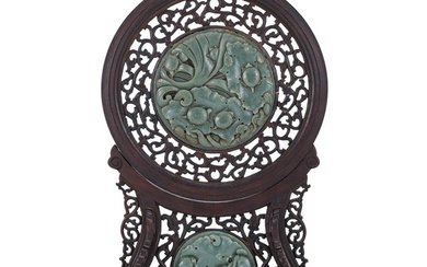 A Chinese jade inlaid carved hardwood table screen