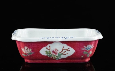 A Chinese ruby red-ground famille rose 'flower' jardiniere, Republic period