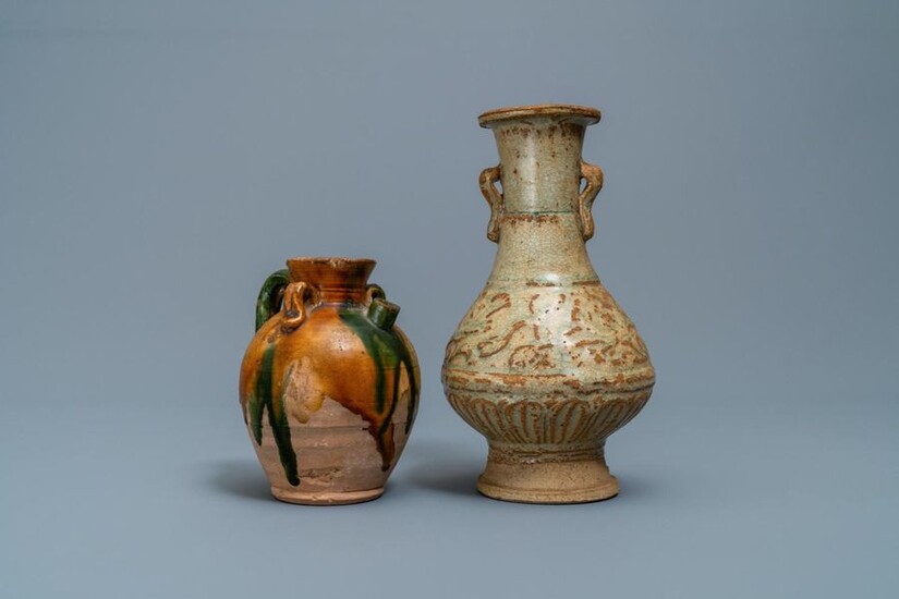 A Chinese sancai ewer and a celadon glazed bottle vase, Tang and Song