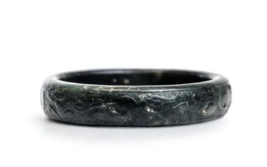 A Chinese spinach green jade archaistic 'chilong' bangle Qing dynasty The bangle...