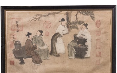 A Chinese watercolor of four philosophers unter a pine tree, 19th century