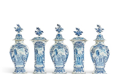 A Dutch Delft Blue and White Garniture of Five Vases and Covers, Late 18th Century
