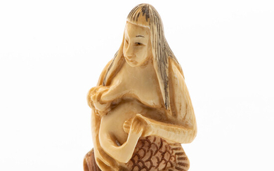 A Fine Antique Japanese Carved Ivory Netsuke of a Mermaid