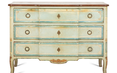 A French Gilt Metal-Mounted Painted and Parcel Gilt Commode