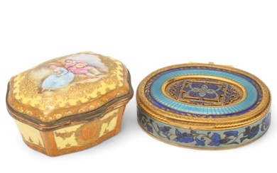 A French gilt-brass and enamel oval box, circa 1900, length ...