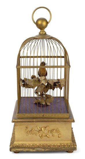 A French singing bird automaton, almost certainly by Bontems, c.1900, the bird with applied feathers and moving head, under a gilt-brass case on giltwood, going-barrel movement and birdsong, base, 50cm high, 24cm square at base Provenance: The...