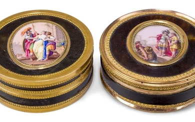 A French yellow metal mounted tortoiseshell snuff box, 19th century, of circular form, the cover inset with an oval enamel miniature depicting a Classical scene of a young women being arrested by a soldier, 6.5cm diameter; together with a similar...