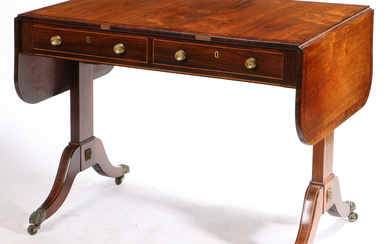 A GEORGE III ROSEWOOD AND BOXWOOD STRUNG SOFA TABLE.