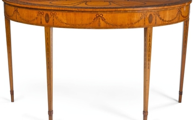 A GEORGE III STYLE TUILIPWOOD BANDED AND INLAID SATINWOOD SEMI-ELIPITCAL PIER TABLE, LATE 19TH CENTURY