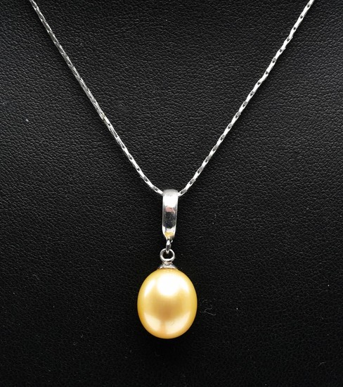 A GOLDEN SOUTH SEA PEARL PENDANT IN SILVER TO A GOLD PLATED CHAIN