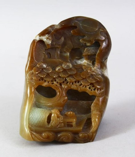 A GOOD 19TH CENTURY CHINESE CARVED JADE LANDSCAPE