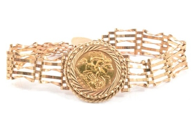 A Gold Half Sovereign gate link bracelet.