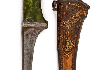 A JADE HILTED INDIAN DAGGER (PESH-KABZ) WITH GOLDEN INLAY SCABBARD, 19TH CENTURY, NORTH INDIA
