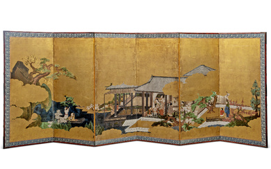 A JAPANESE GILT AND POLYCHROME-PAINTED SIX-PANEL PAPER SCREEN EDO PERIOD...