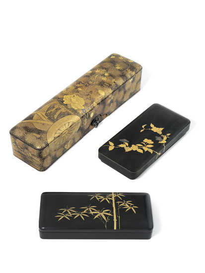 A JAPANESE LACQUER LETTER BOX (FUBAKO) AND TWO SMALLER BOXES, MEIJI PERIOD (LATE 19TH CENTURY)