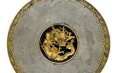 A KOMAI STYLE IRON PLATE WITH DRAGON ROUNDEL.
