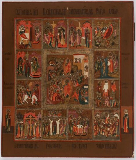 A LARGE RUSSIAN ICON RESURRECTION AND FEASTS 19TH