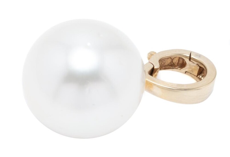 A LARGE SOUTH SEA PEARL ENHANCER; 16.2mm round cultured pearl of fine colour and lustre, lightly spotted on a 9ct gold tapered enhan...