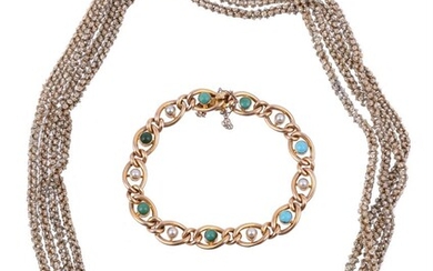 A LATE VICTORIAN TURQUOISE AND HALF PEARL BRACELET AND A SILVER COLOURED CANNETILLE LONG CHAIN