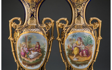 A Large Pair of French Partial Gilt Limoges Porcelain Vases with Bamboo-Form Handles