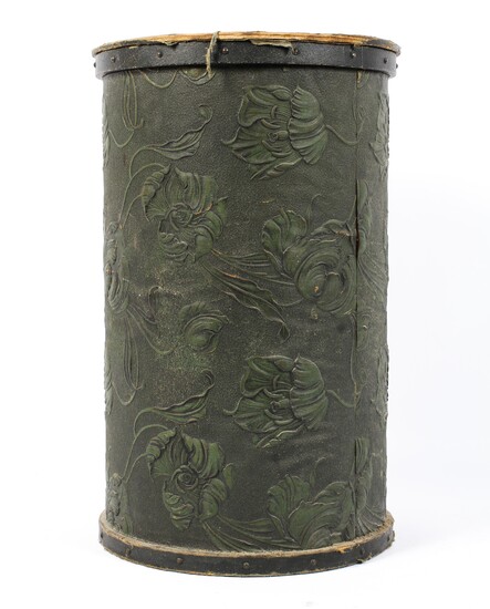 A Leatho embossed cylindrical hat box and cover, decorated with Art Nouveau flowers