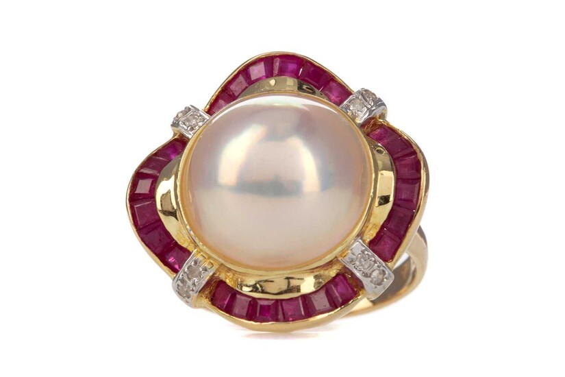 A MABE PEARL, RUBY AND DIAMOND RING