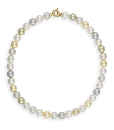 A MULTI-COLOURED CULTURED PEARL NECKLACE Composed of a...